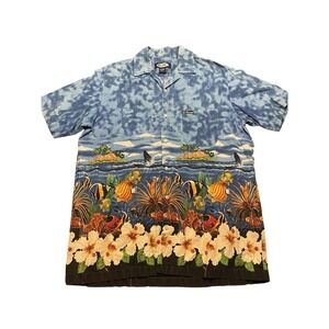 GJC St Thomas Mens Blue Tropical Ocean Whale Fish Hibiscus Hawaiian Shirt Large